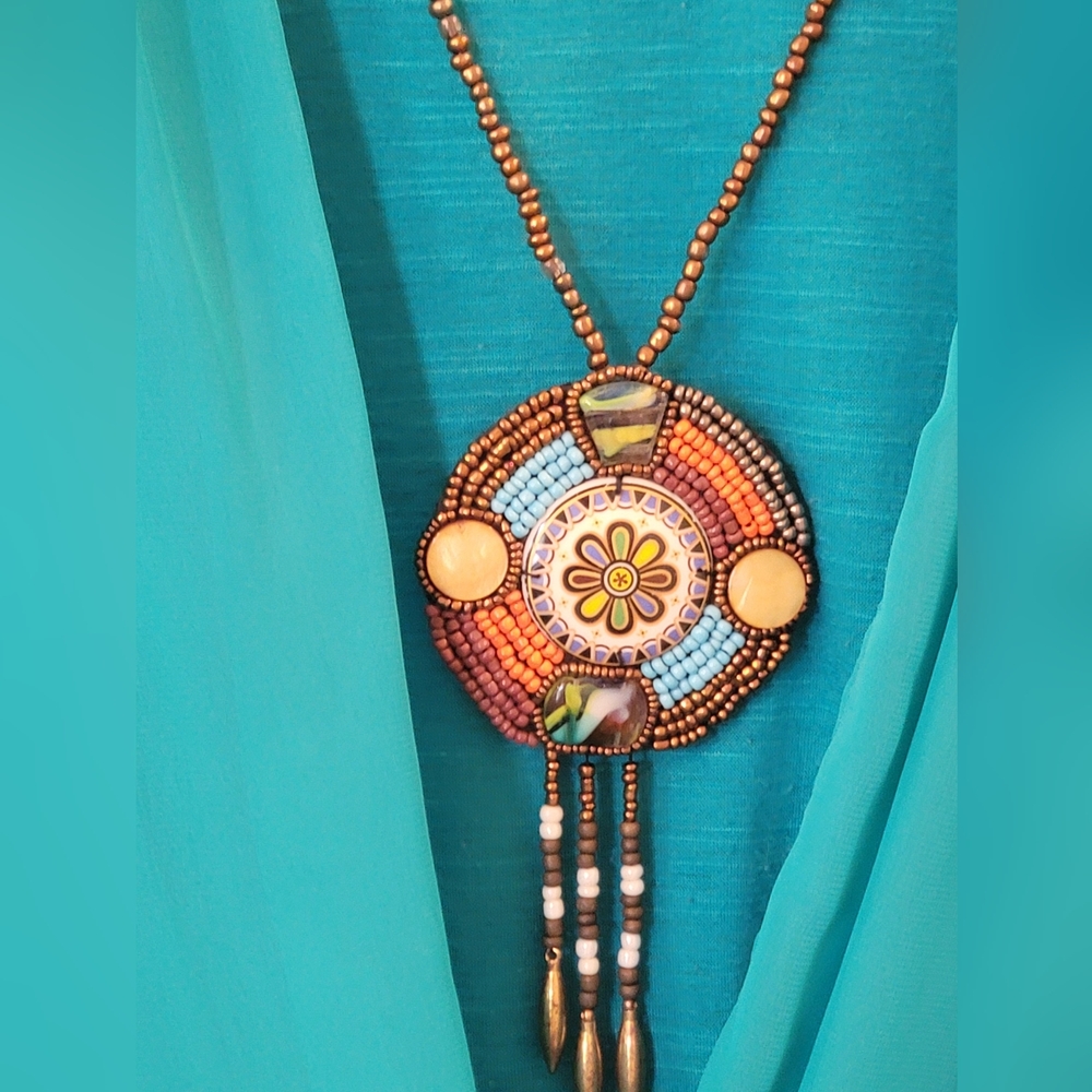 New Directions Teal Draped Short-Sleeve Blouse long beaded statement necklace Sm - Picture 12 of 15